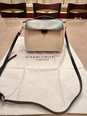 Gianni Chiarini Beige Clio Canvas & Black Leather Crossbody Bag Made in Italy